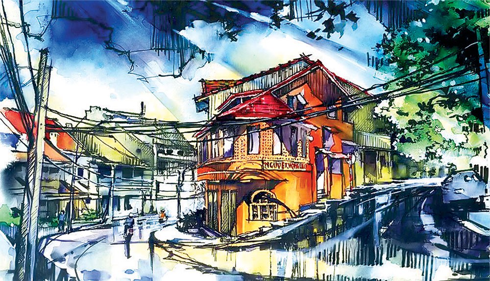 Nguyệt Vọng lầu qua tranh màu nước của tác giả Đặng Phan Lạc Việt. Ảnh: baolamdong.vn
